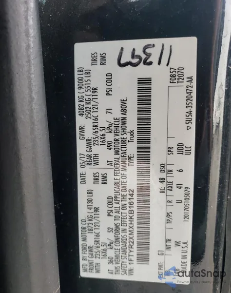 2017 Ford Transit T-250 из США, поврежденный, VIN 1FTYR2XMXHKB16142